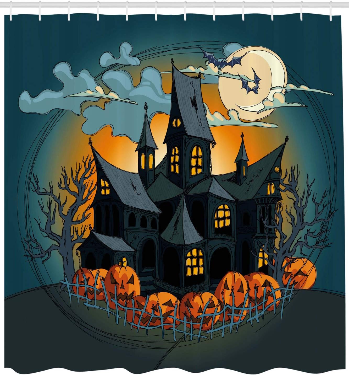 Ambesonne Halloween Shower Curtain, Medieval Haunted Castle with Garden Pumpkins Dark Clouds Scary Nights Print, Cloth Fabric Bathroom Decor Set with Hooks, 69" W x 70" L, Orange Teal