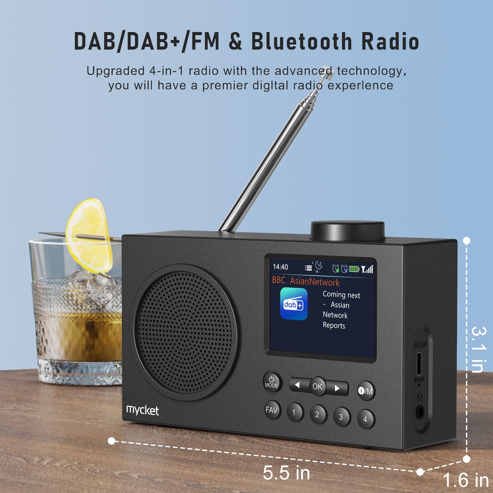 Mycket Portable DAB/DAB + Radio, FM Digital Radios avec 2025 Dernière Technologie de Récepteur de Signal, Radio Rechargeable avec Bluetooth 5.0,Double Réveil, 40 Préréglé, 2,4 "Grand Affichage Couleur