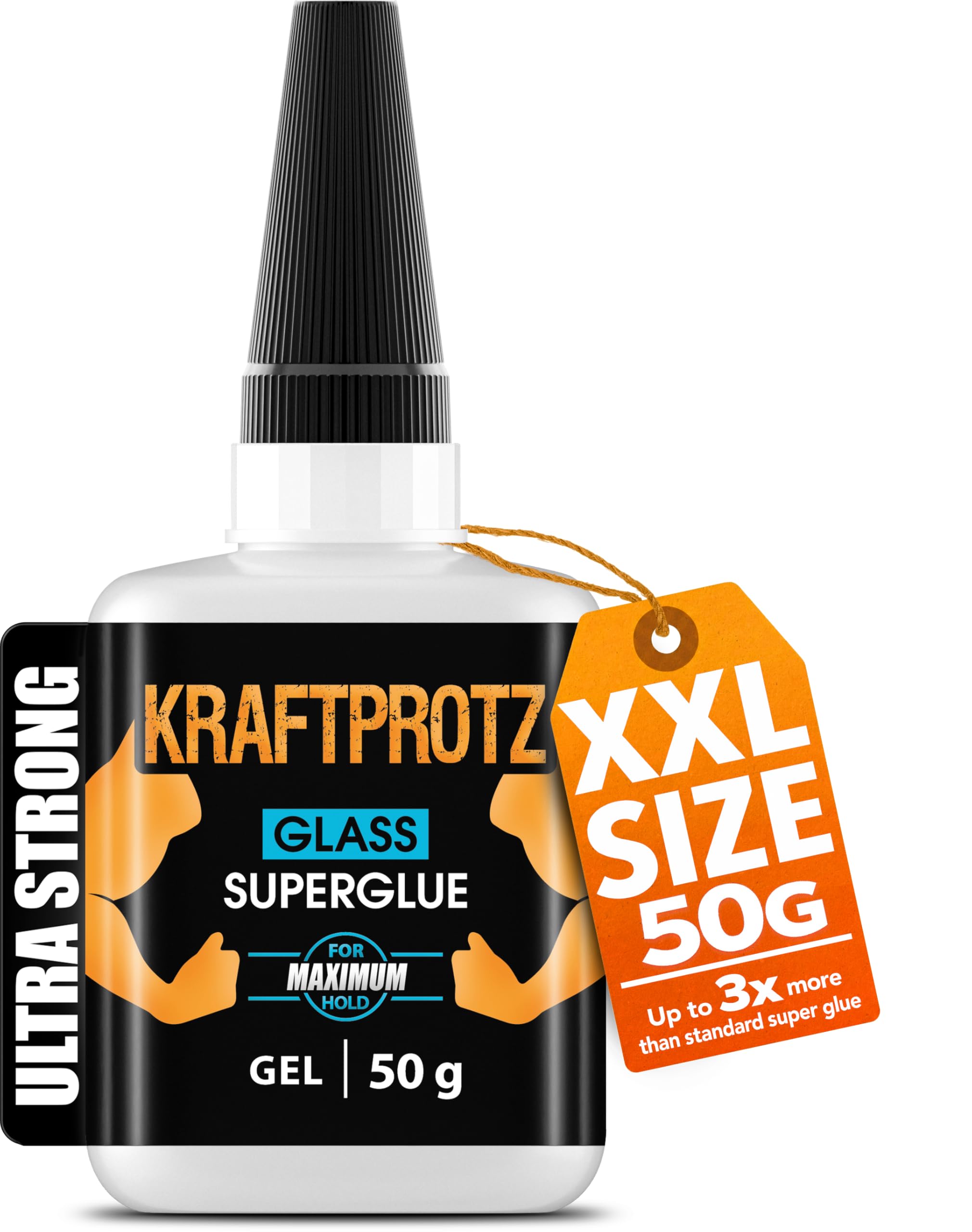 Glass Superglue Gel – KRAFTPROTZ 50 g XXL – crystal clear & waterproof – extra strong adhesive for glass, mirrors & acrylic – heat-resistant, drip-free & with anti-clog needle cap – by ARKA