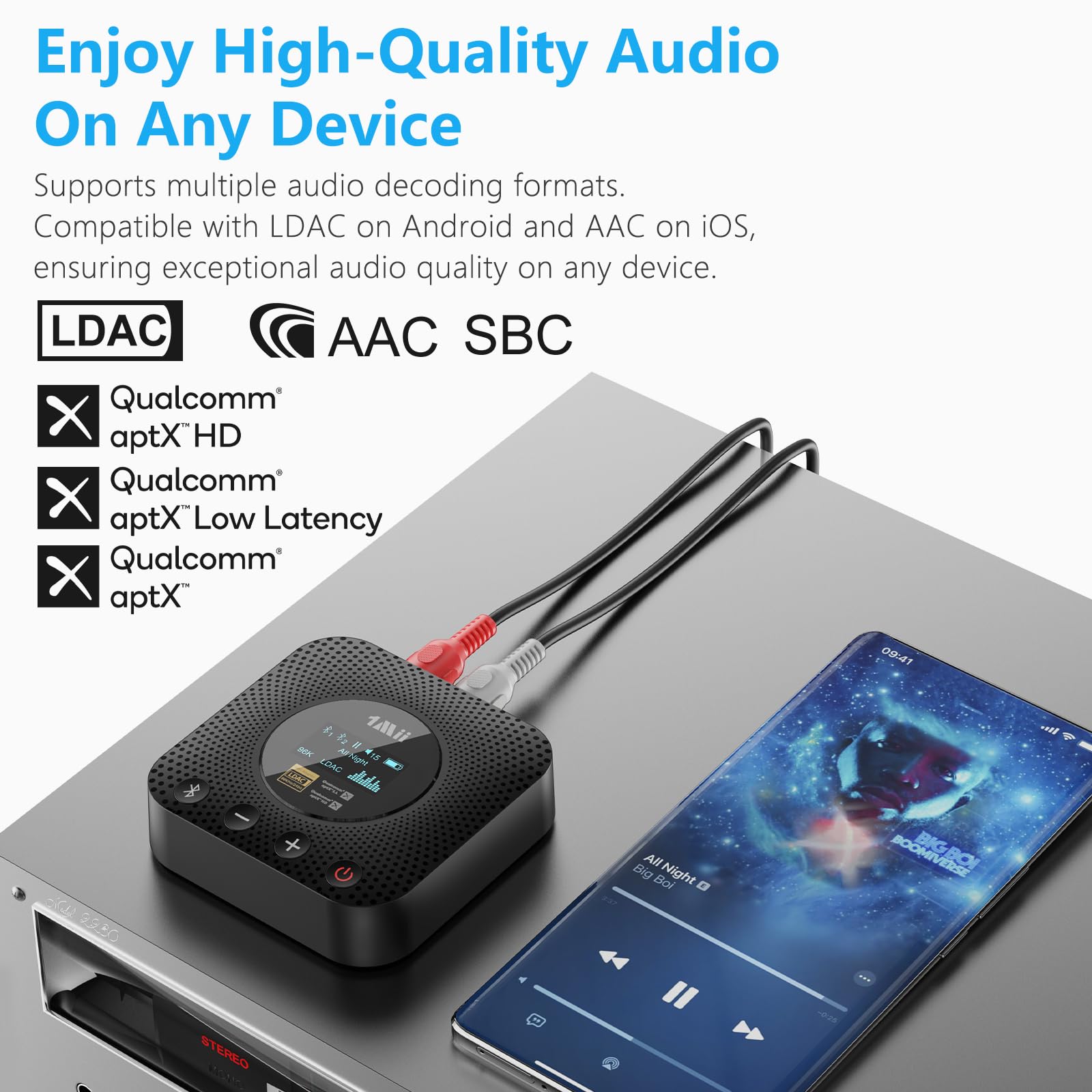 1Mii B06HD+ Hi-Res LDAC Bluetooth 5.3 Receiver for Home Stereo, Hi-Fi Bluetooth Audio Adapter w/Display, Built-in Audiophile DAC, aptX HD Low Latency, RCA Optical Coaxial for Old Stereo Receiver — Amazon image 4