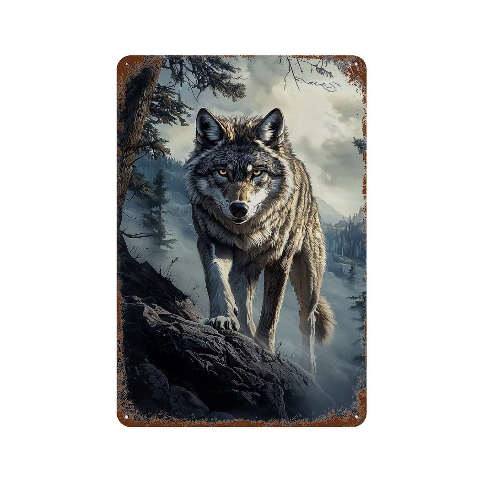 Wolf in Mountain Landscape Rust Effect Tin Sign 11.8"x7.9", Ideal for Shed, Workshop And Garage Wall Decor