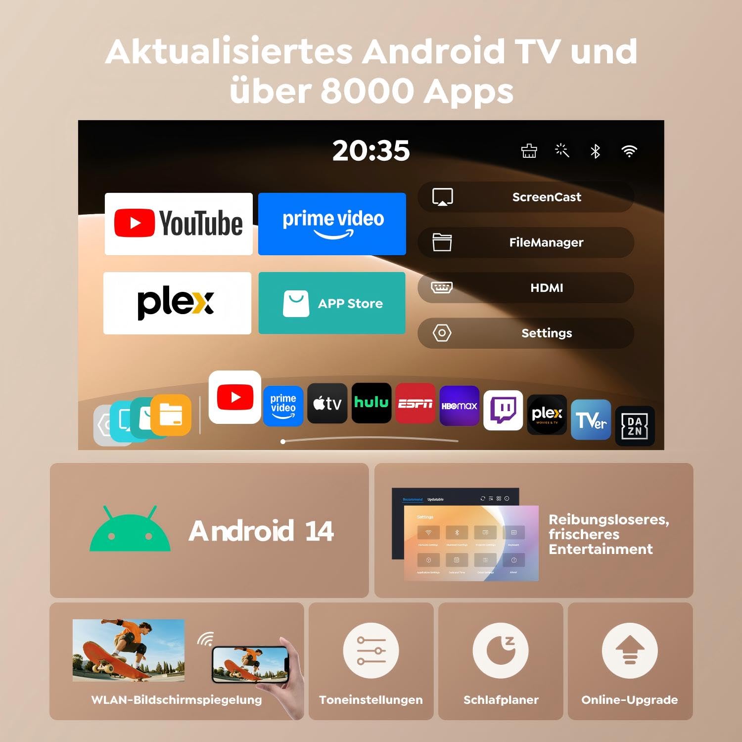 Mini Beamer 4K 1080P Unterstützt [Android 14 & 270° Drehbar] Smart Beamer Klein mit WiFi 6 Bluetooth 5.4, Tragbarer Projektor Heimkino Outdoor mit Auto Trapezkorrektur für HDMI/Android/iOS/PC/USB