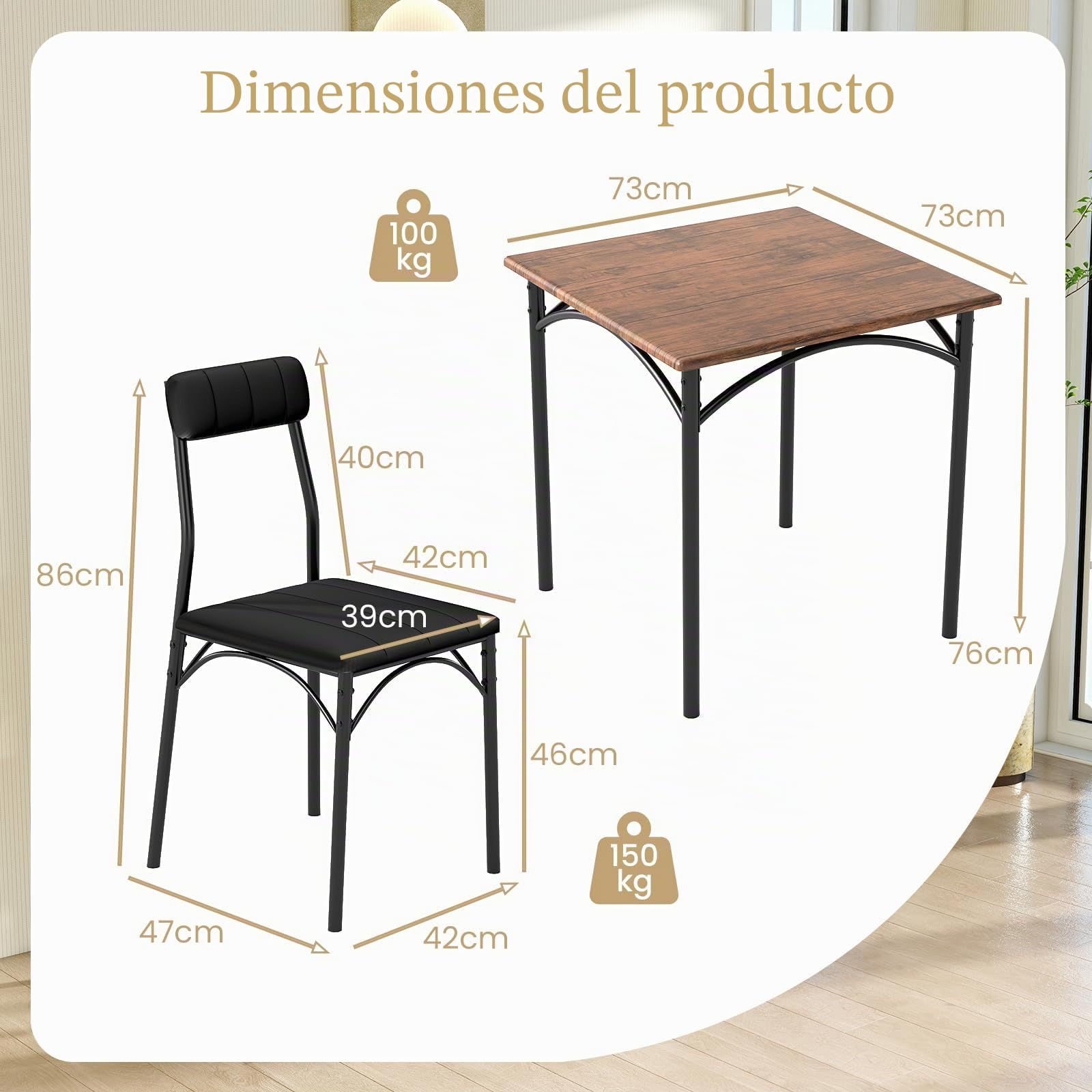 GIANTEX Juego de Comedor 3 Piezas, Mesa de Comedor Cuadrada y 2 Sillas Acolchadas, Marco Metálico, para 2 Personas, Conjunto de Mesa y Sillas Compacto para Cocina, Bar, Cafetería