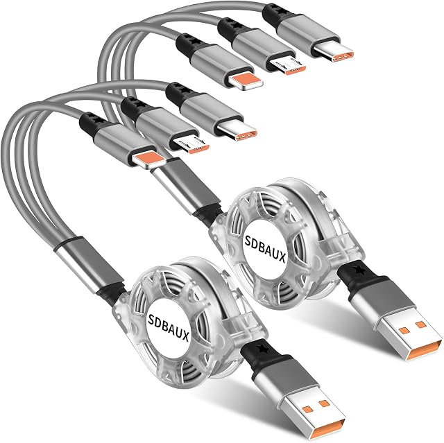SDBAUX 3A Multi Charger Cable, 3 in 1 Retractable USB Fast Charge 2Pack/1M with iP Micro USB Type C Port Lead Cord, Compatible Cell Phones, Galaxy, Google, LG, Sony