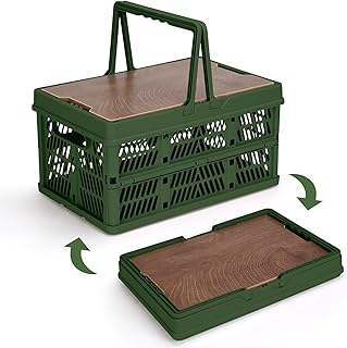 Yummy Sam Collapsible Storage Bin with Wooden Lid & Handle, 18L Plastic Crate, Picnic Basket for Camping, for Outdoor & Travel, Green