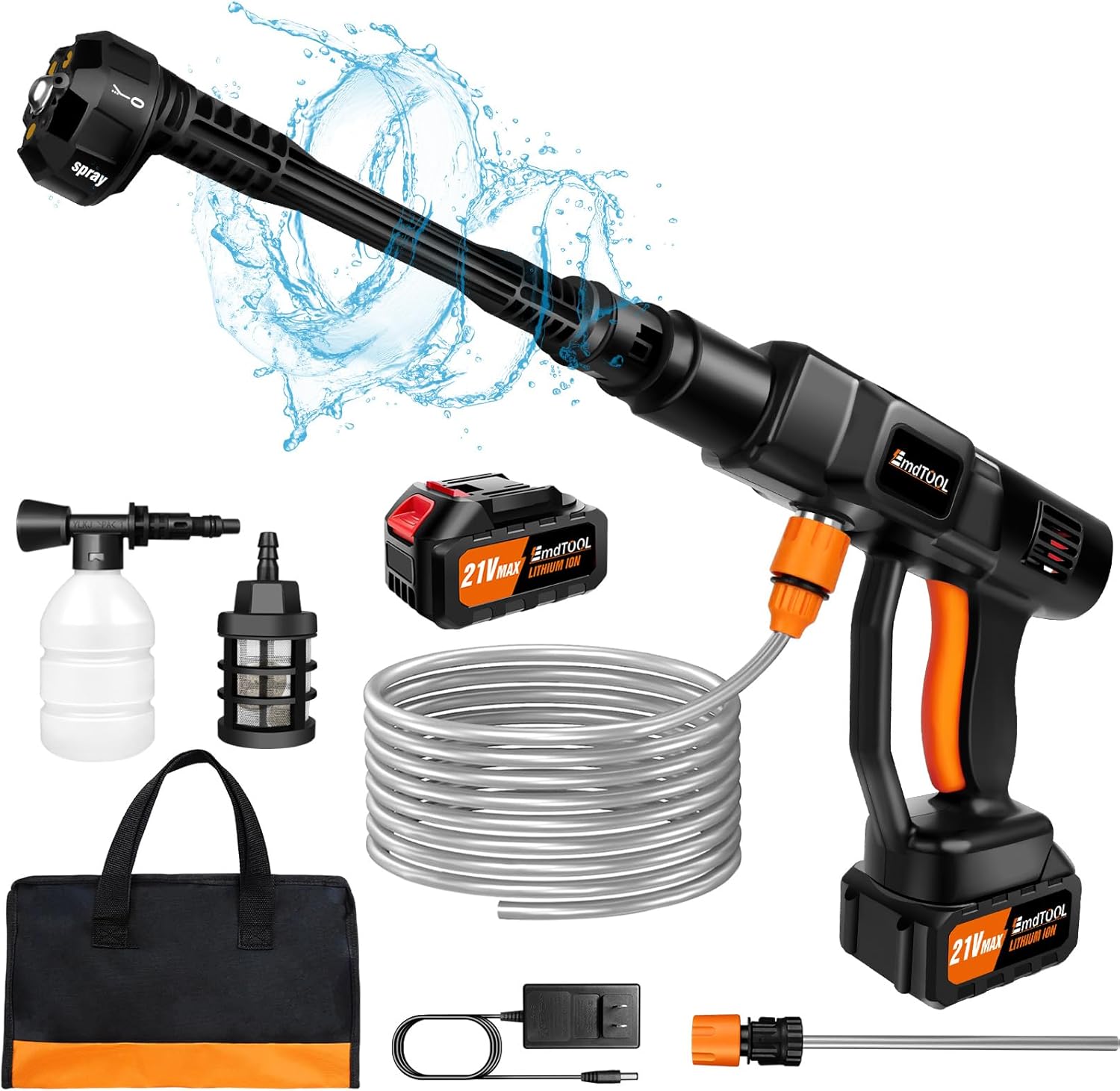 Cordless Pressure Washer, Portable Power Washer with 2 Rechargeable 3.0Ah Battery 6-in-1 Nozzle, Handheld High-Pressure Car Washer Gun with Tool Case for Cars, Floors, Fences, Black Pressure Washer /2 batteries