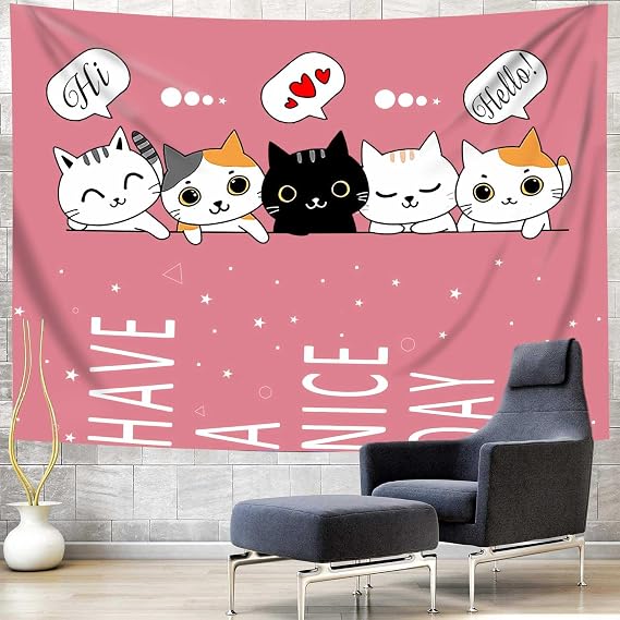 Pink Cat Posters Wall Cute 60X40 Tapestry For Bedroom Hot Pink Cartoon Animal Cats Fun Tapestry Wall Hanging Decor Ceiling Wall Tapestries For Home Decor Cute Anime Room Tapestry For Teen Girls