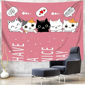 Pink Cat Posters Wall Cute 60X40 Tapestry For Bedroom Hot Pink Cartoon Animal Cats Fun Tapestry Wall Hanging Decor Ceiling Wall Tapestries For Home Decor Cute Anime Room Tapestry For Teen Girls