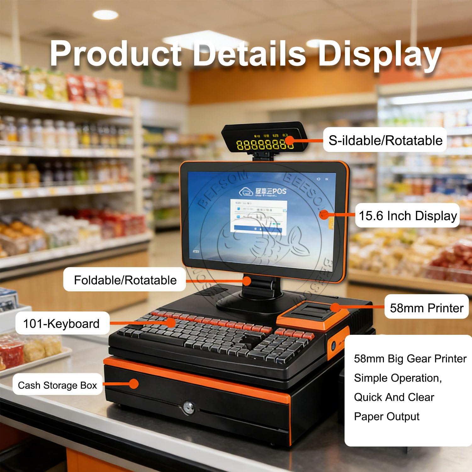 Caisse Enregistreuse Intelligente,Caisse Enregistreuse Tactile Tout, Imprimante Thermique 58mm intégrée + Scanner portable,15,6" Écran tactile réactif,101 touches,Vente au détail/Restaurant Single
