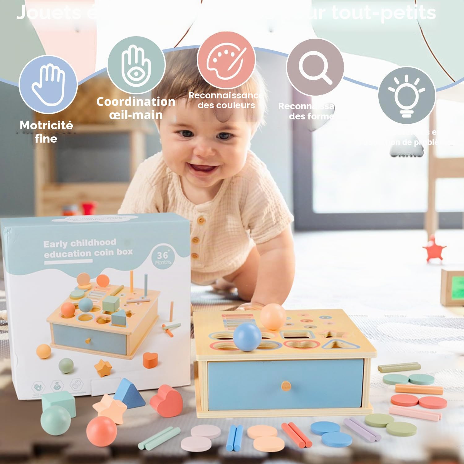 Jouet Bébé 1 an Montessori, Jeu de Tri Formes et Couleurs Montessori Jouet Bois, Motricité Fine Bebe 1 an, Jeux Éducatif Enfants 2 3 Ans, Cadeaux pour Garçons Filles