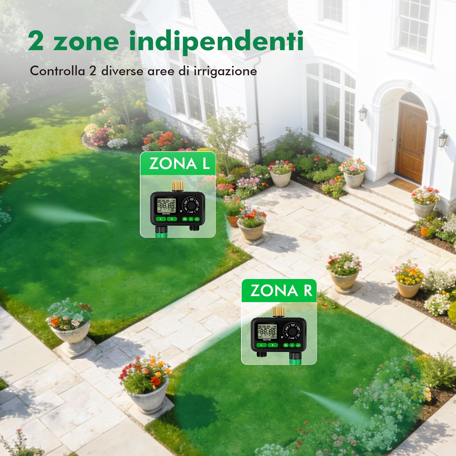 RESTMO Timer per Irrigazione a 2 Zona con Chip RF | Integrato per Accesso Remoto Opzionale, Automatico/Manuale/Ritardo Pioggia, Per Tubo da Giardino, Rubinetto Esterno