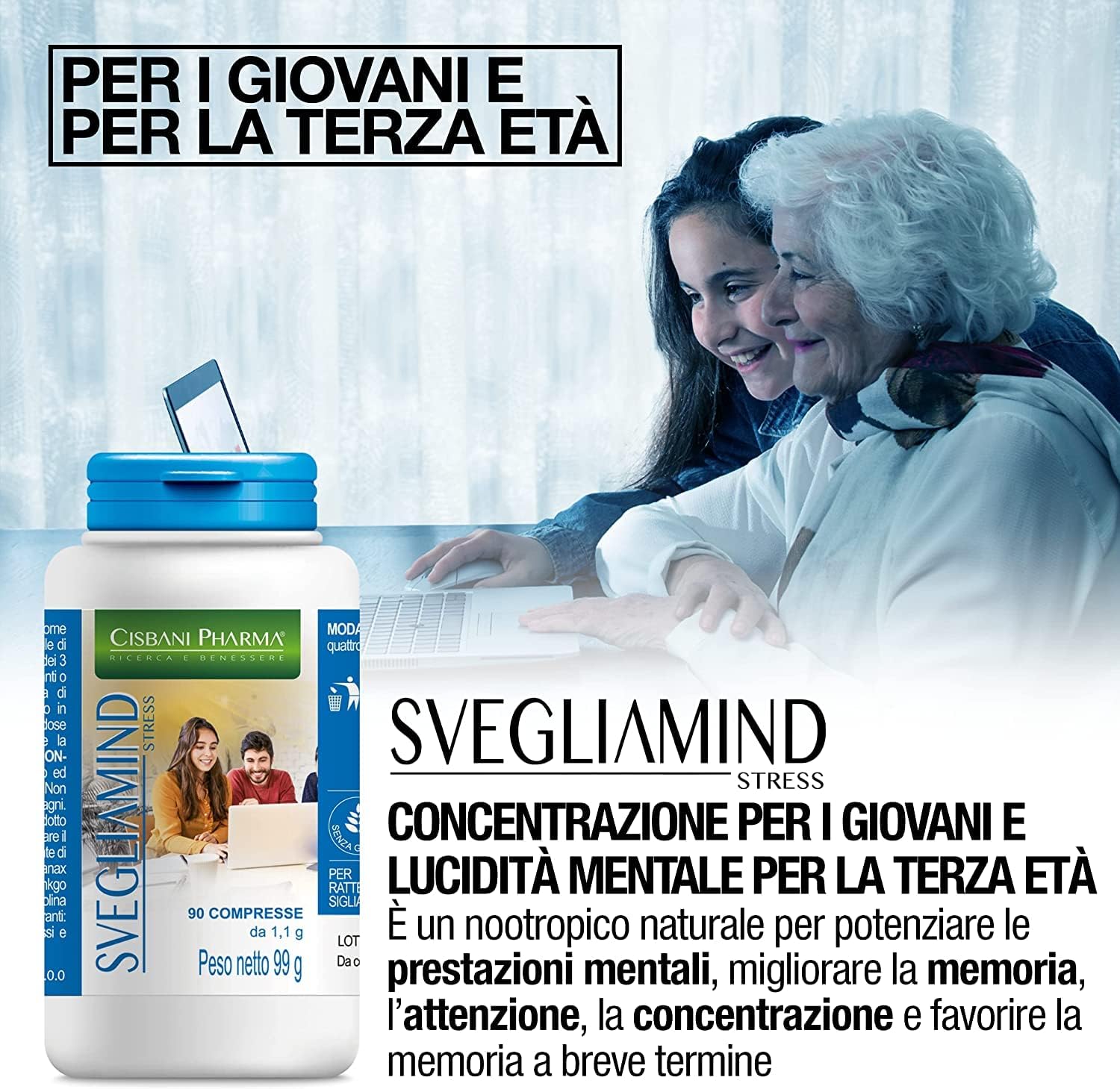 CISBANI PHARMA SVEGLIAMIND, Integratore Nootropico per Concentrazione e Memoria - 90 compresse con Ginkgo Biloba, Fosforo, Magnesio, Taurina, Ginseng, Vitamina b6 e Colina, Riduce la stanchezza