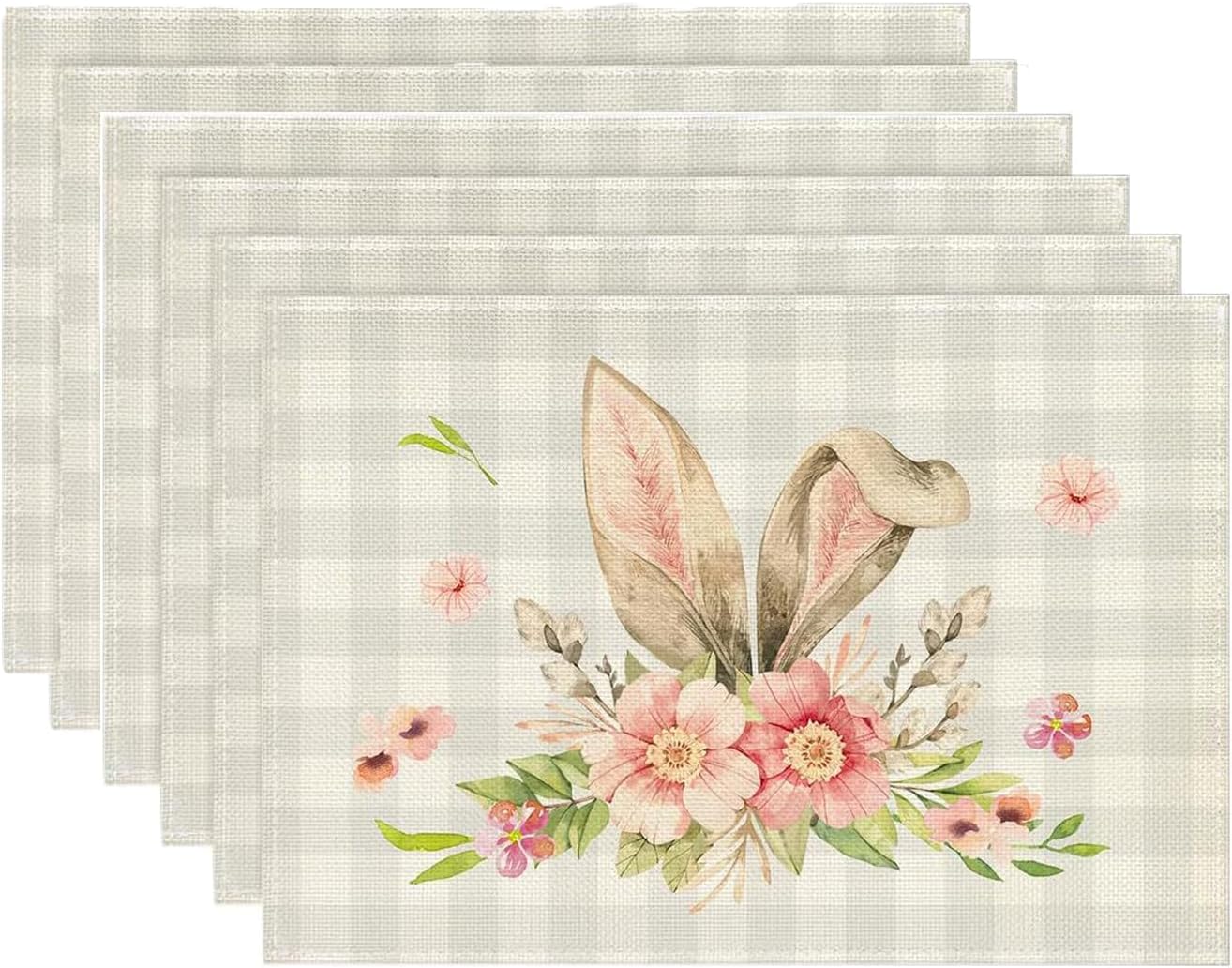BETEAM Easter Placemats Set of 12 Bunny Line Placemat for Dining Table Rabbit Washable Spring Kitchen Place Mats Durable Table Mats -E01, 12 Pcs