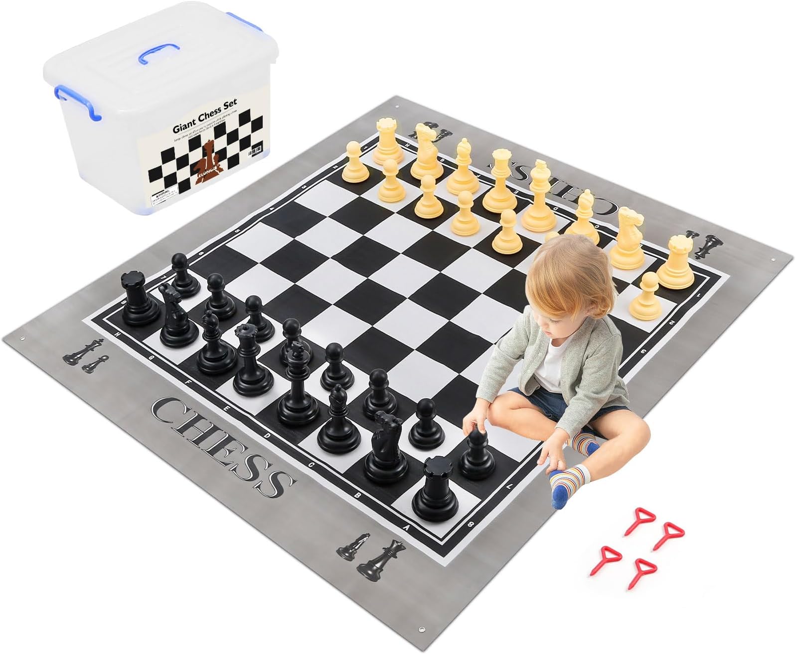 Giant Outdoor Chess Set Oversized Plastic Chess Pieces with Bases Lightweight 71" Chess Mat Floor Games for Kids and Adults - 9.8 Inches Tall King & Storage Bins with Lids
