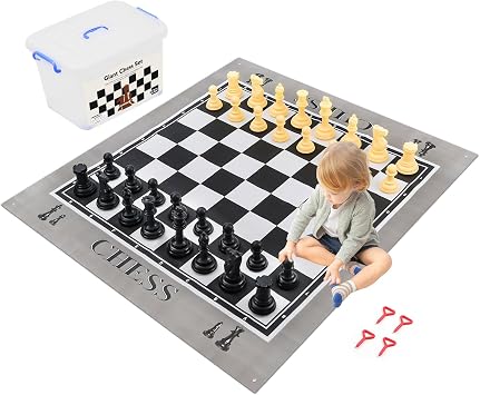 ELONGDI Giant Outdoor Chess Set Oversized Plastic Chess Pieces with Bases Lightweight 71" Chess Mat Floor Games for Kids and Adults - 9.8 Inches Tall King & Storage Bins with Lids