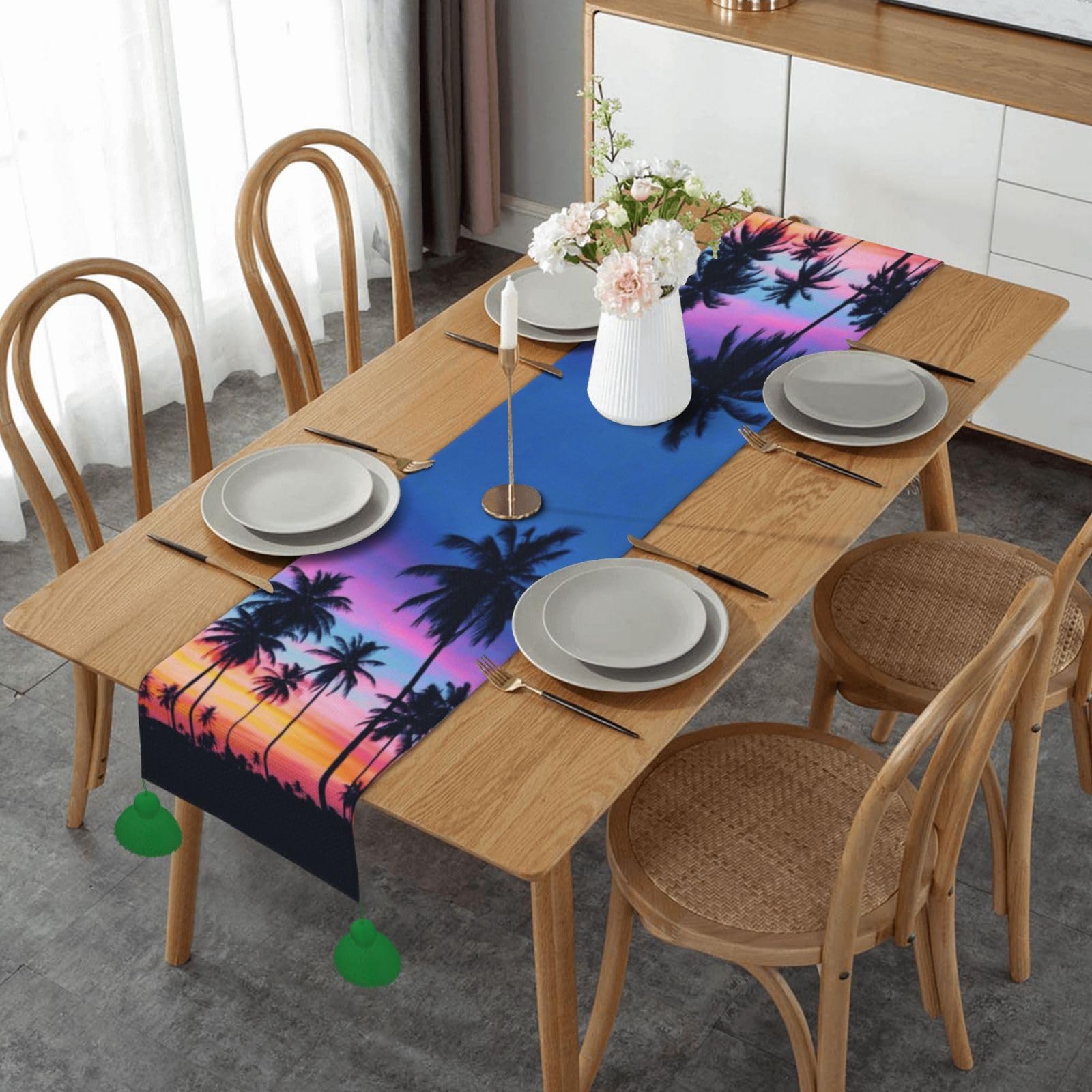 Chemin de table en lin palmiers pour vos repas de Noël et repas d'Halloween en cuisine