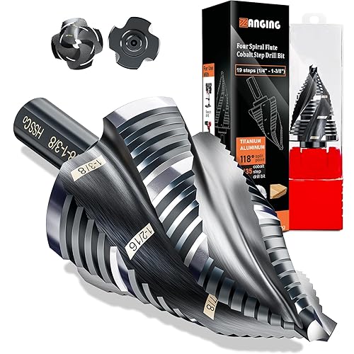 Miniatura 10 de Broca escalonada de cuatro espirales para metal, cobalto M35, juego de brocas escalonadas Unibit de 1/8 a 1 pulgada (9 tamaños), resistente al