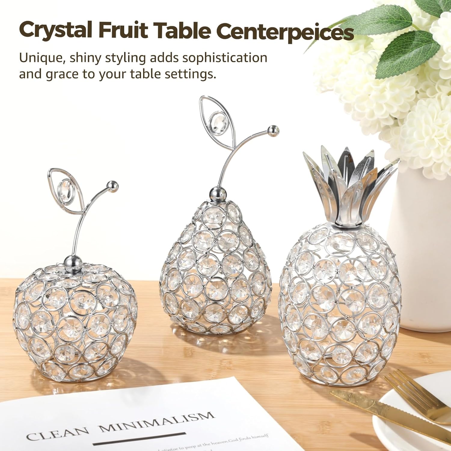 3 Pcs Silver Crystal Tea Light Holder, Crystal Hollow Candlestick, Metal Pineapple Pear Apple Set, Table Centerpiece, Ideal for Wedding, Party, Anniversary and Home Decor
