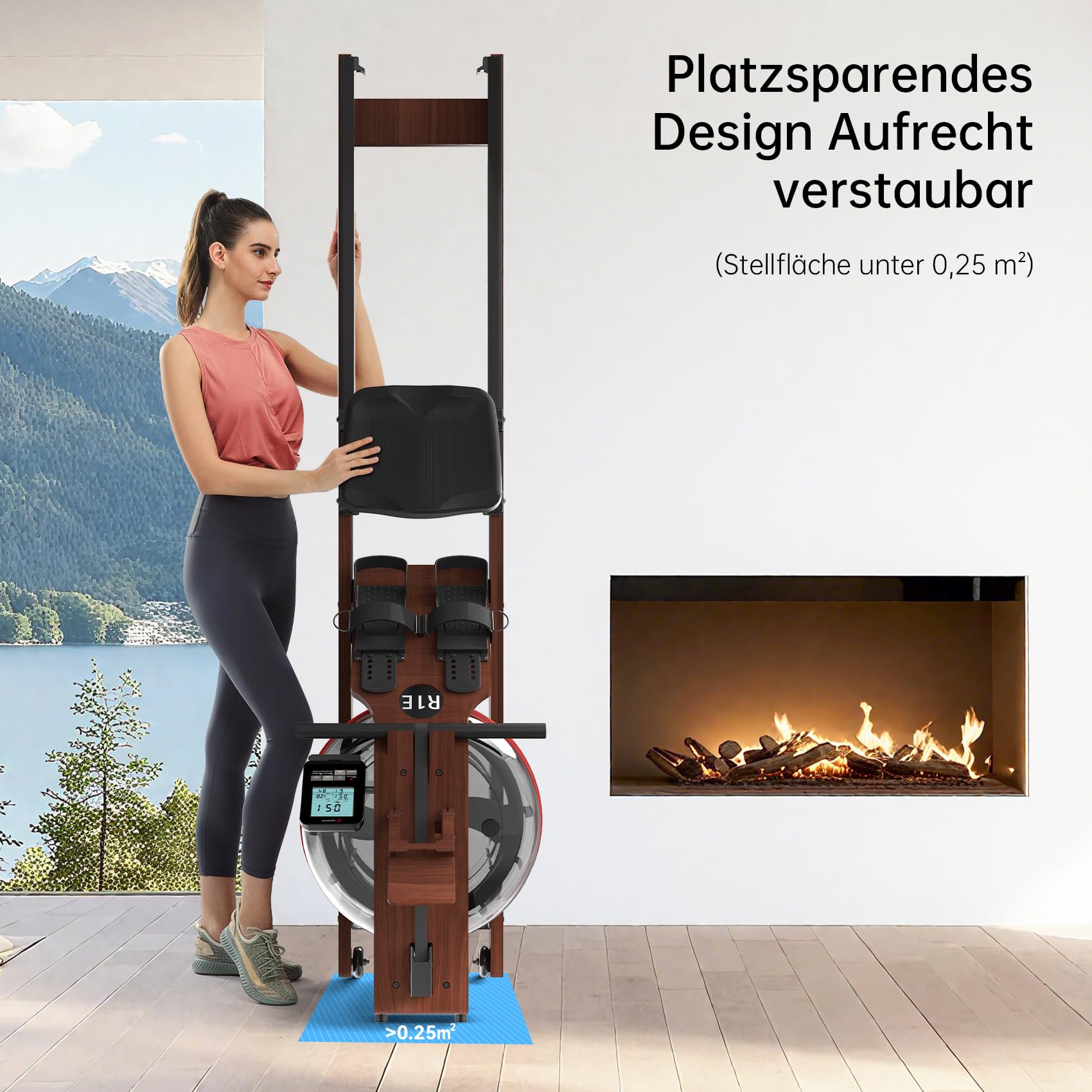 R1E vogatore ad acqua in rovere, serbatoio dell'acqua da 28 l, con paletta da 12 fogli, Bluetooth e display LCD, compatibile con Kinomap APP, supporto per tablet, cyclette silenziosa e