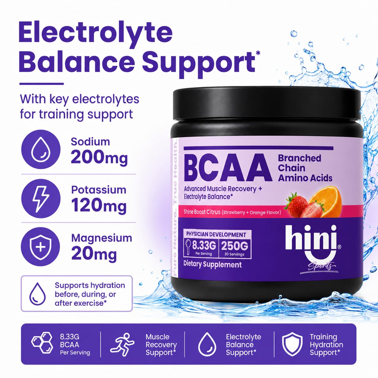 HINI BCAA Powder, 2:1:1 Branched Chain Amino Acids with Electrolytes, 6000mg BCAA Blend, L-Leucine, L-Isoleucine & L-Valine, Strawberry Orange Flavor, 250g, 30 Servings — Amazon image 4
