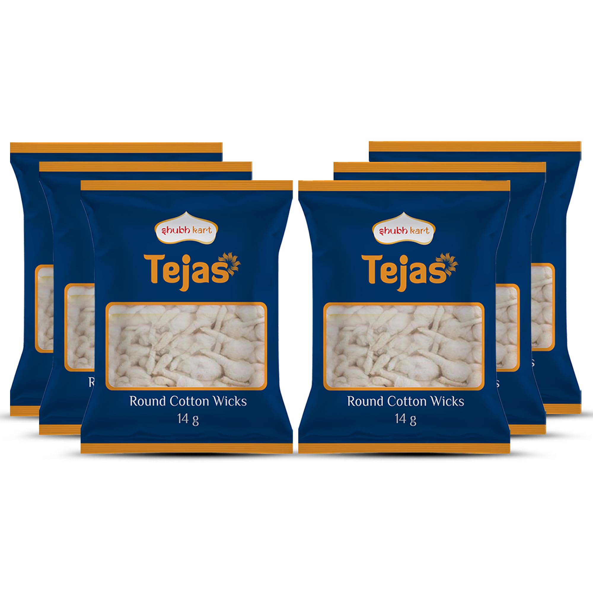 Shubhkart Tejas Round Cotton Wicks (Pack of 6) - White Phool Diya Batti for Puja Arti & Traditional Rituals - 450 Wicks