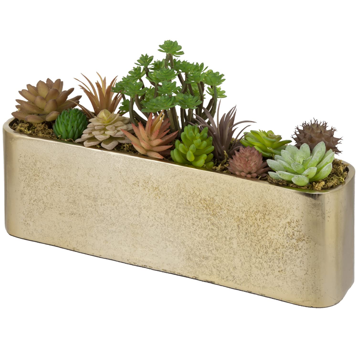 MyGift 14 Inch Decorative Gold Metal Succulent Planter Pot - Modern Elongated Oval Flower Vase Plant Holder Tabletop Centerpiece - Handcrafted in India