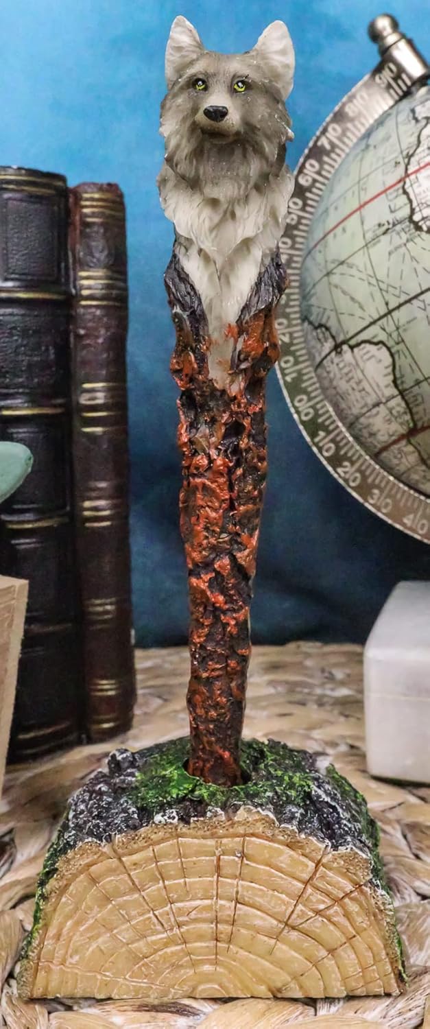Ebros Medieval Fantasy Celtic Alpha Wolf Animated Hand Painted Pen with Rustic Tree Bark Holder Stand Figurine Animal Totem Spirit Accent Statue (White Direwolf)