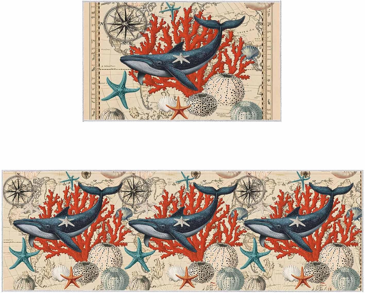 2 Pieces Kitchen Rugs and Mats,Marine Whale Coral Starfish Area Runner Rug Set Non Slip Floor Doormat Washable Carpet Standing Mat for Kitchen Sink Indoor Corridor,Retro Nautical Compass World Map