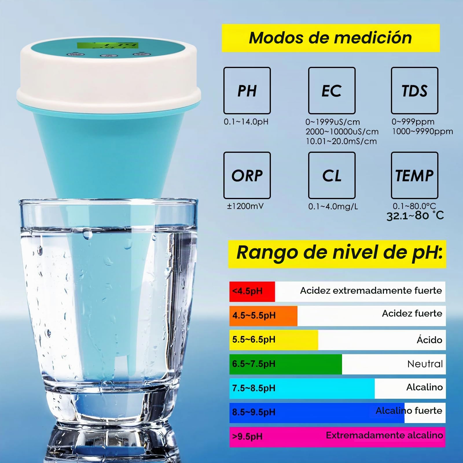 TEKCOPLUS Monitor de piscina inteligente flotante 6 en 1, medidor de agua de piscina Bluetooth para EC, salinidad, pH, ORP, temperatura y cloro, pantalla digital de agua