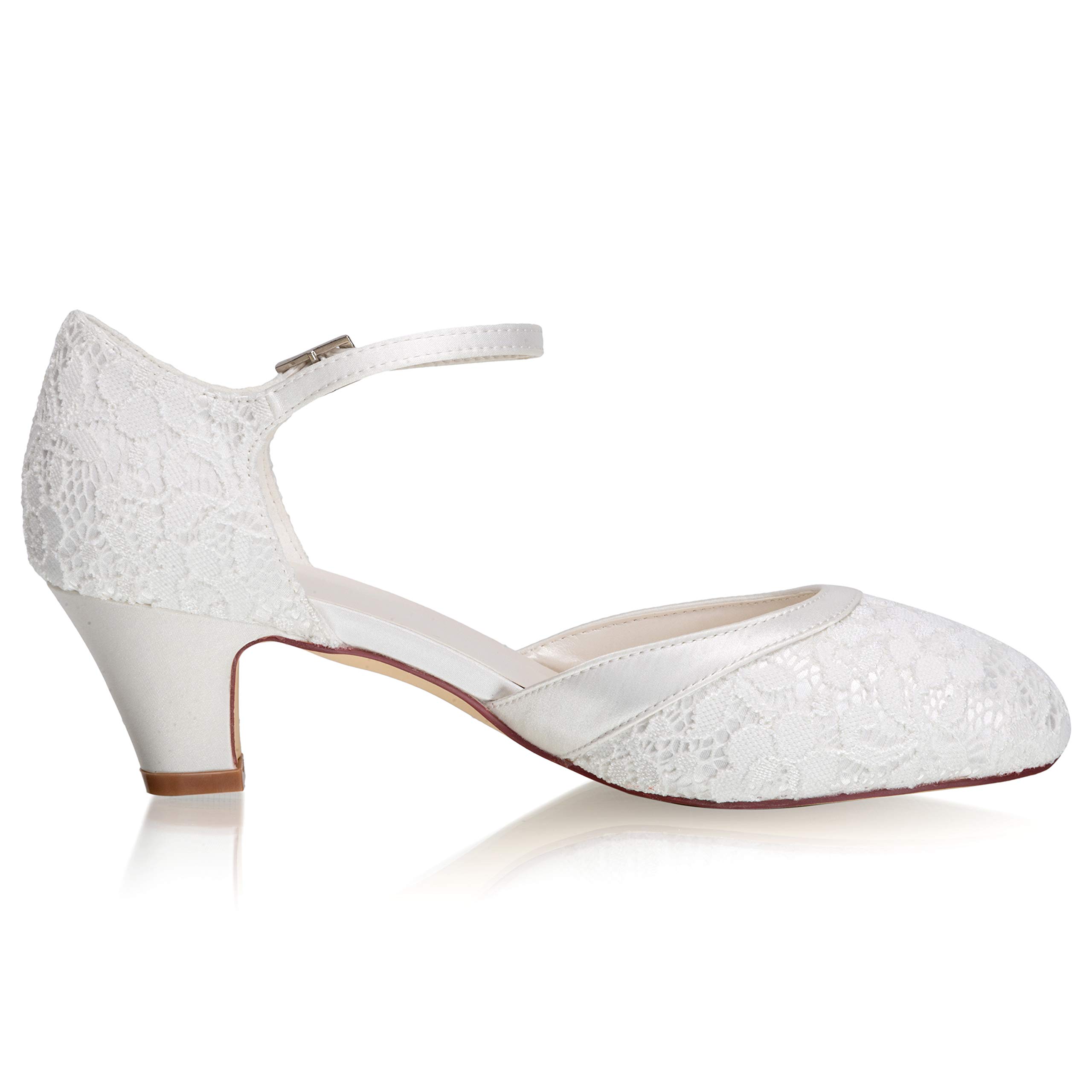 JIAJIA 8963 Damen Memory Foam Brautschuhe Geschlossene Spitze 5cm Block Niedriger Absatz Spitze Satin Pumps Hochzeitsschuhe