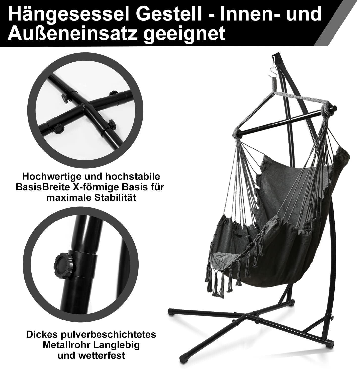 Struttura per Poltrona Sospesa Outdoor in Metallo - Supporto per Amache - 210 cm in Tubo di Acciaio - Supporto per Dondolo 150 kg per Poltrona Sospesa da Campeggio