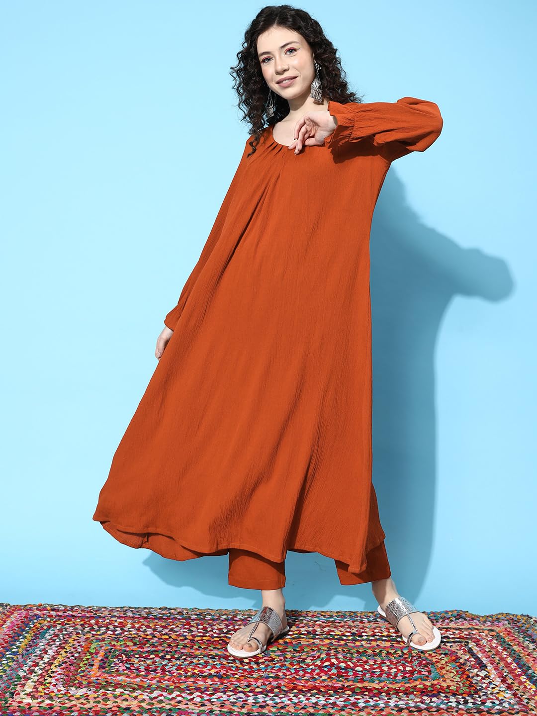 Varanga Women Rust Colour Bishop Sleeve A-Line Kurta With Front Pleat, V-Neck, Paired With Tonal Bottom