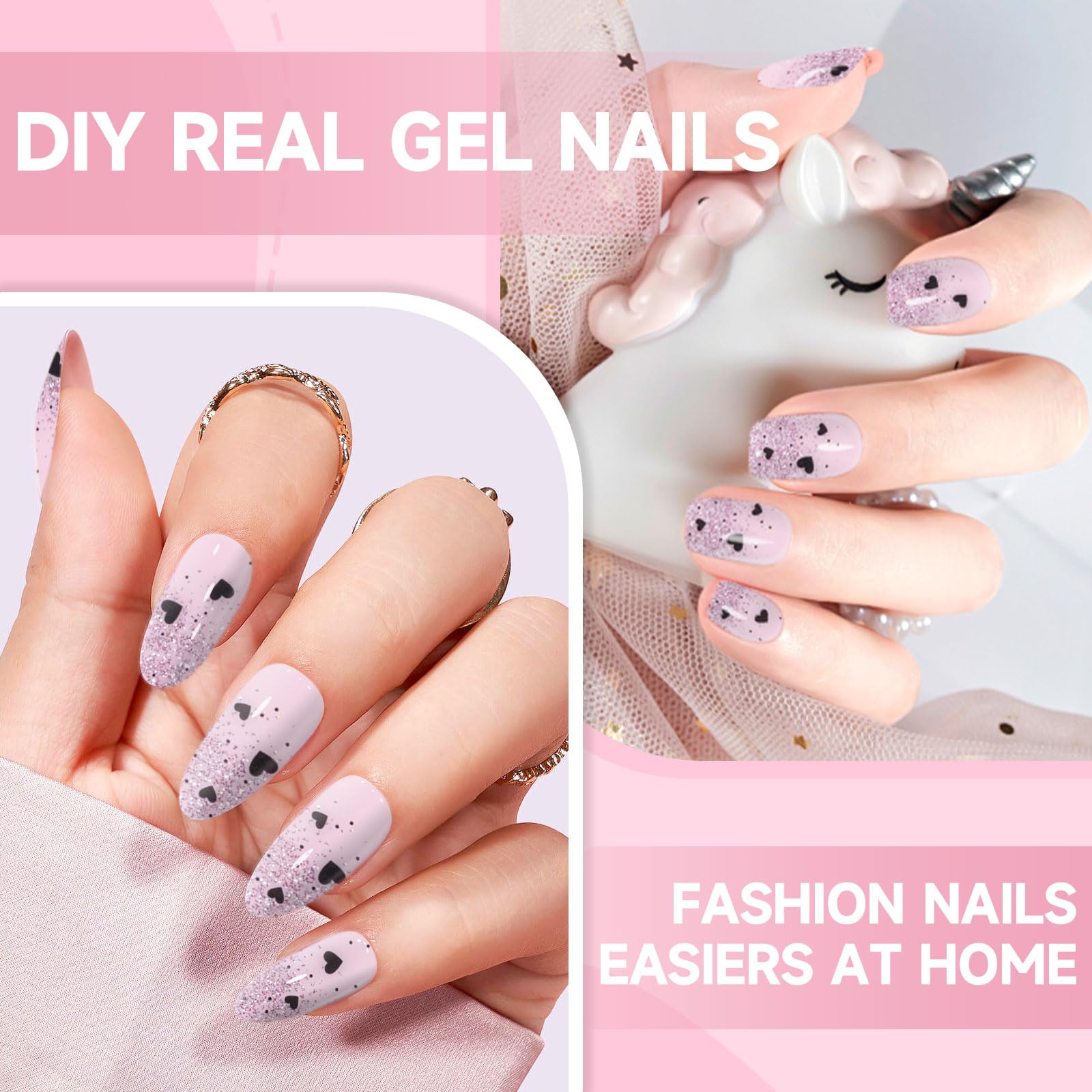 Semi Cured Gel Nail Strips,28 pcs Gel Nail Sticers Wraps Heart,Long Lasting Polish Stickers Work with UV Lamp,Easy to Use - Image 4