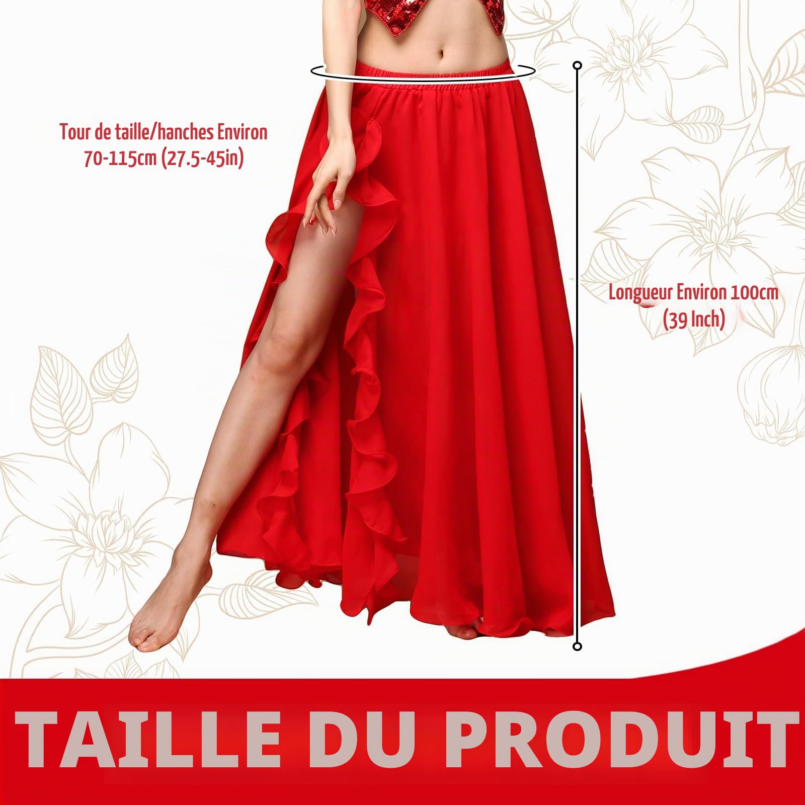 Baisdan Jupe Danse Orientale en Chiffon à Fente, Jupe Flamenco Femme pour Pratique, Cours et Spectacle