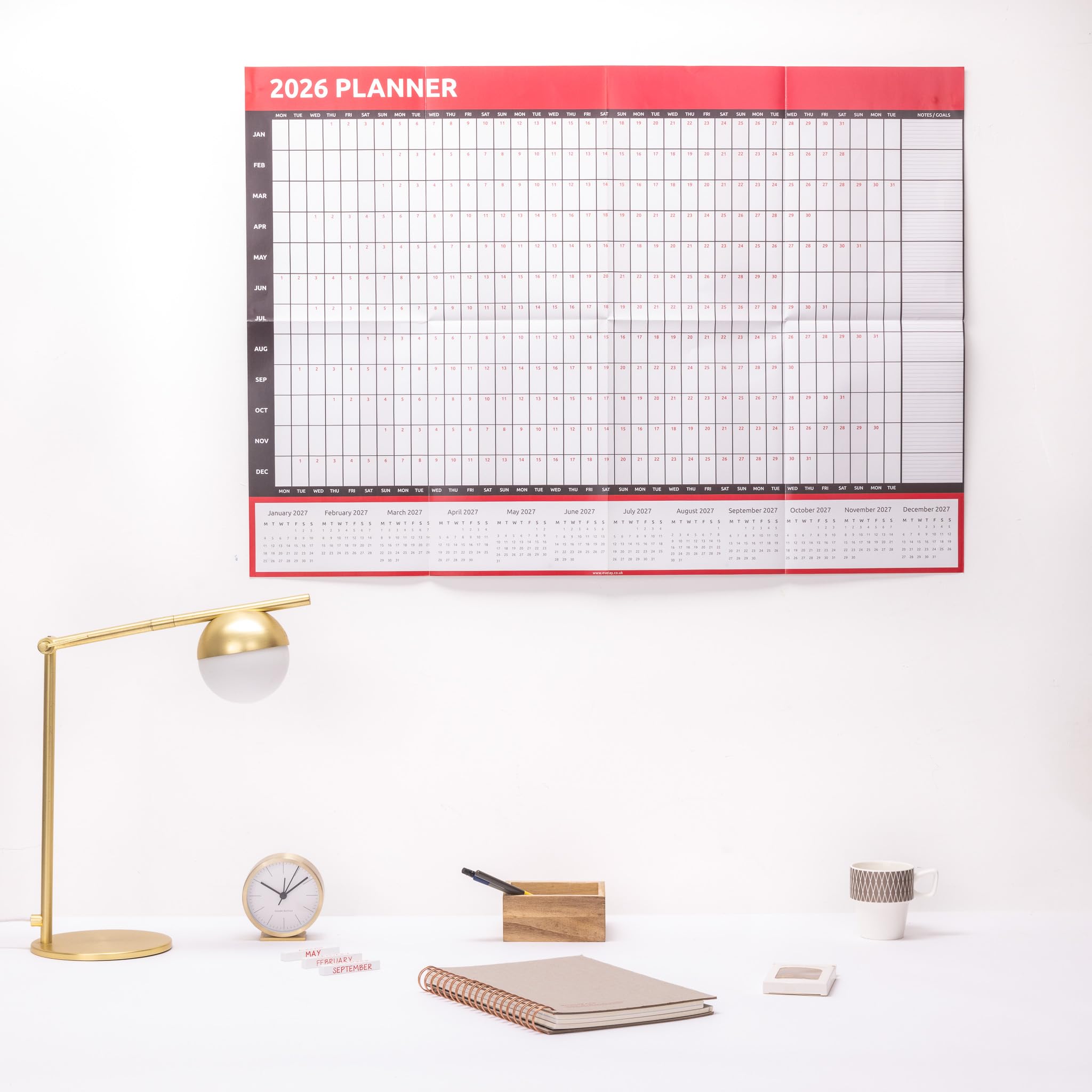 Calendario planificador de pared 2026, tamaño A1 (84 cm x 59 cm), calendario de vista anual para casa, oficina, trabajo, año completo (rojo)