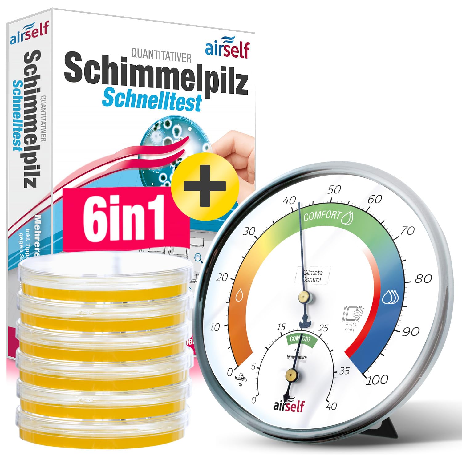 Schimmeltest + Thermohygrometer analog für bis zu 6 Räume | zum Check der Schimmelbelastung, inkl. analogem Thermo-Hygrometer