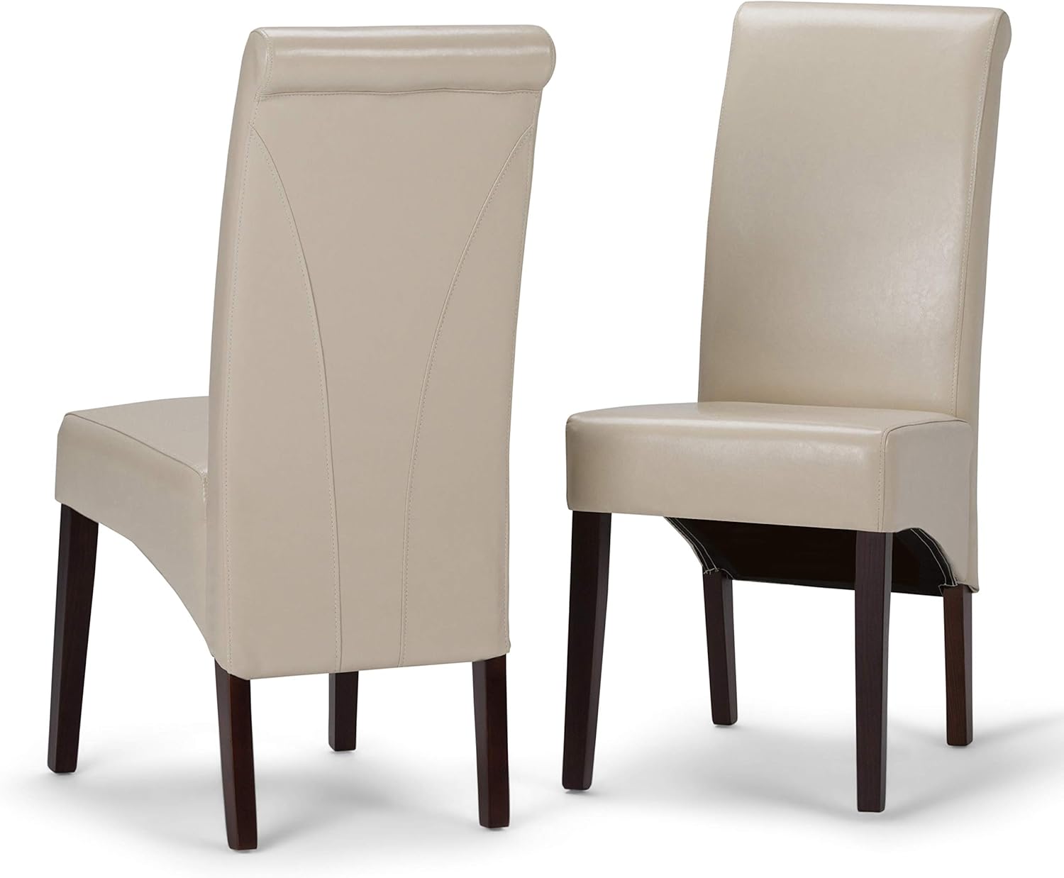 SIMPLIHOME Avalon Dining Chairs - Upholstered Solid Hardwood and Vegan Leather Parsons Chair Set in Satin Cream, Contemporary Dining Room Seating with Curved Back and Cushioned Seat (Set of 2)