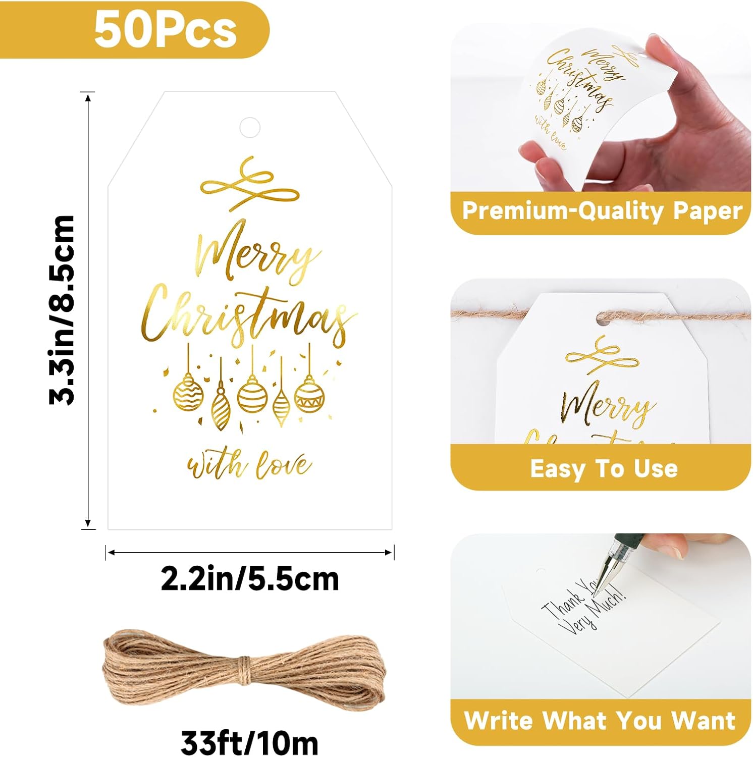 Anwyll Christmas Gift Tags with String - 50Pcs Gold and White Merry Christmas with Love Tags for Gifts Xmas Gift Tag Happy Holidays Hang Paper Label Tag for Present Wrap Goodie Bag Holiday Party Favor - Image 3