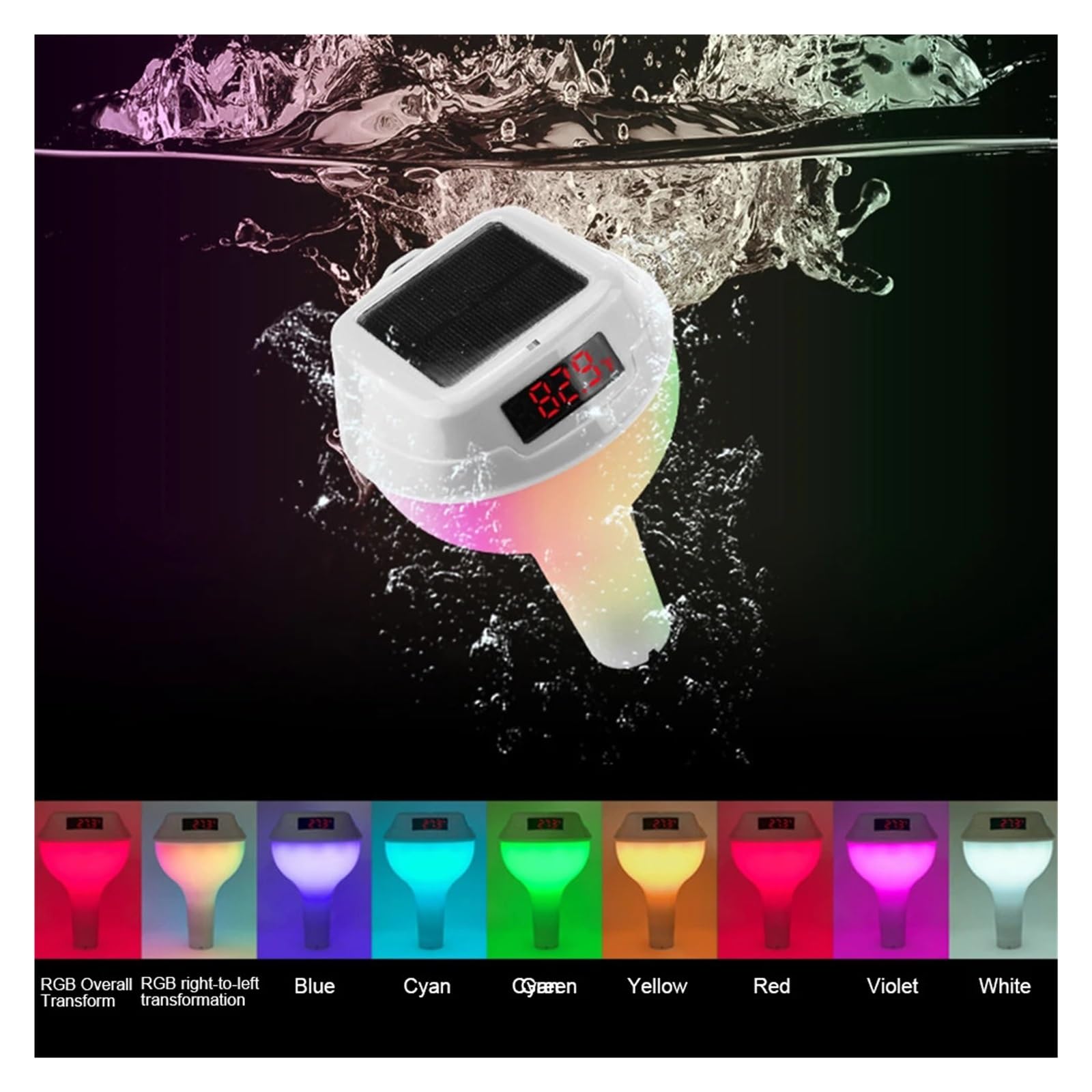 Termometro Digitale Solare Wireless for Piscina, misuratore di Temperatura for Il Nuoto con luci RGB dinamiche, Timer e Schermo LED.(Red with Receiver)