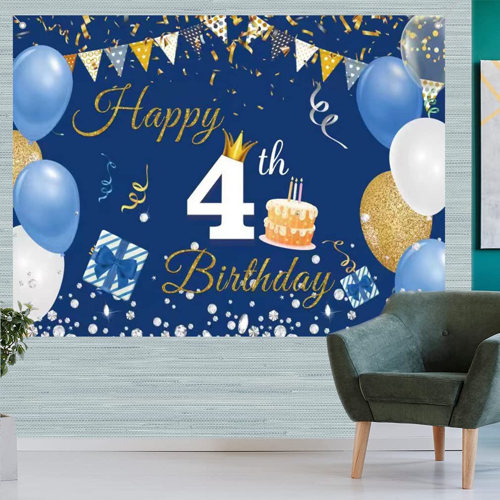 Happy 4th Birthday tło impreza dekoracja baner dla chłopca / dziewczynki szczęśliwy 4 lata stary tkanina znak plakat, niebieskie tło fotograficzne artykuły na czwarte urodziny, 150 cm x 90 cm