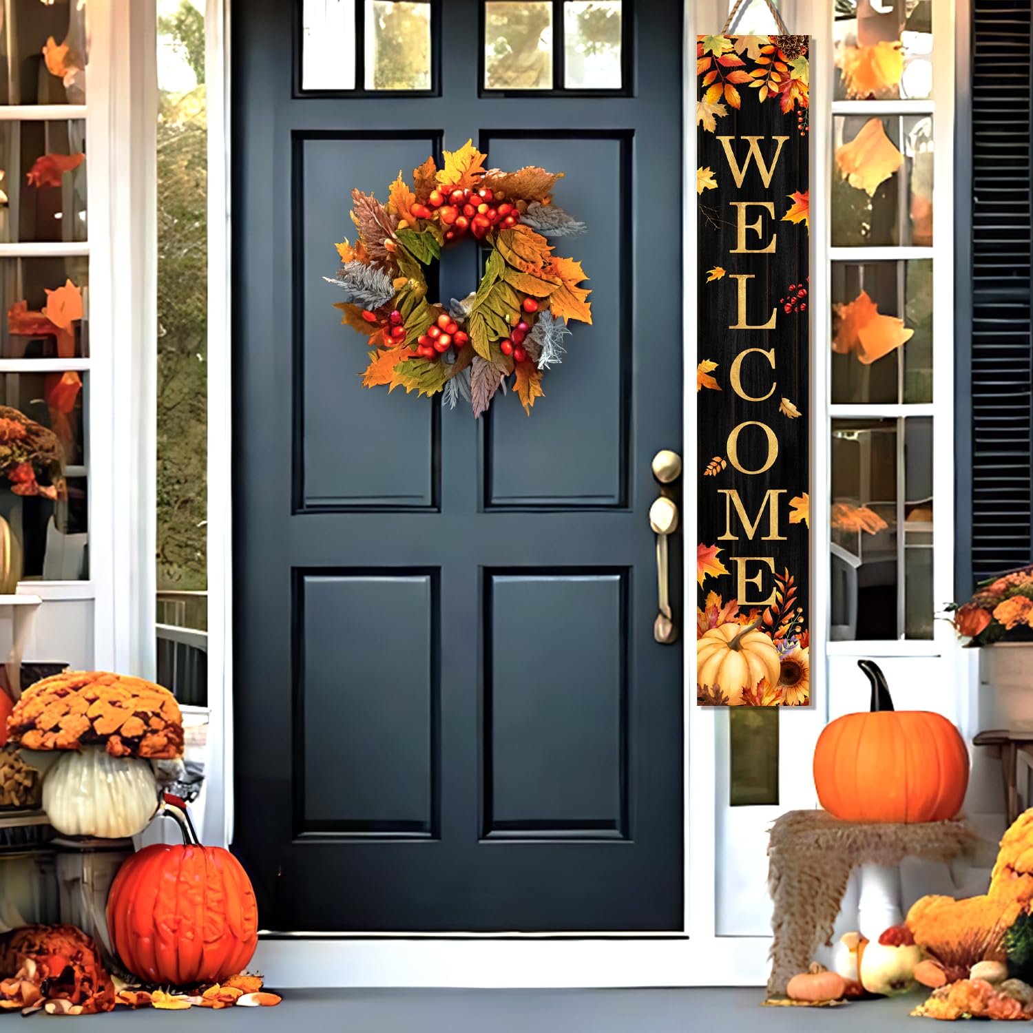 Cartello per portico di benvenuto autunnale, cartelli in acero per portico anteriore, zucca dorata, cartello verticale in legno in piedi per patio porta d'ingresso, portici autunnali, vacanze, casa