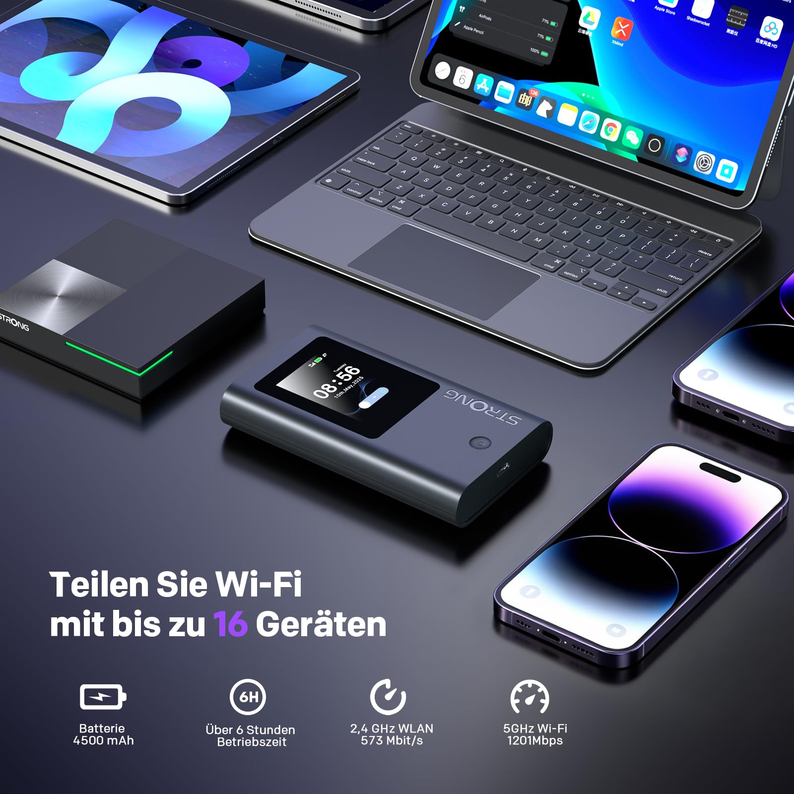 STRONG 5G+ HOPI Mobiler WLAN Router mit 5 GB Daten, Tragbarer Dual Band WLAN 6 AX1800 Router mit eSIM, bis zu 3,4 Gbit/s Downloadspeed, 4500 mAh Akku, USB C Port, Powerbank Funktion, Schwarz