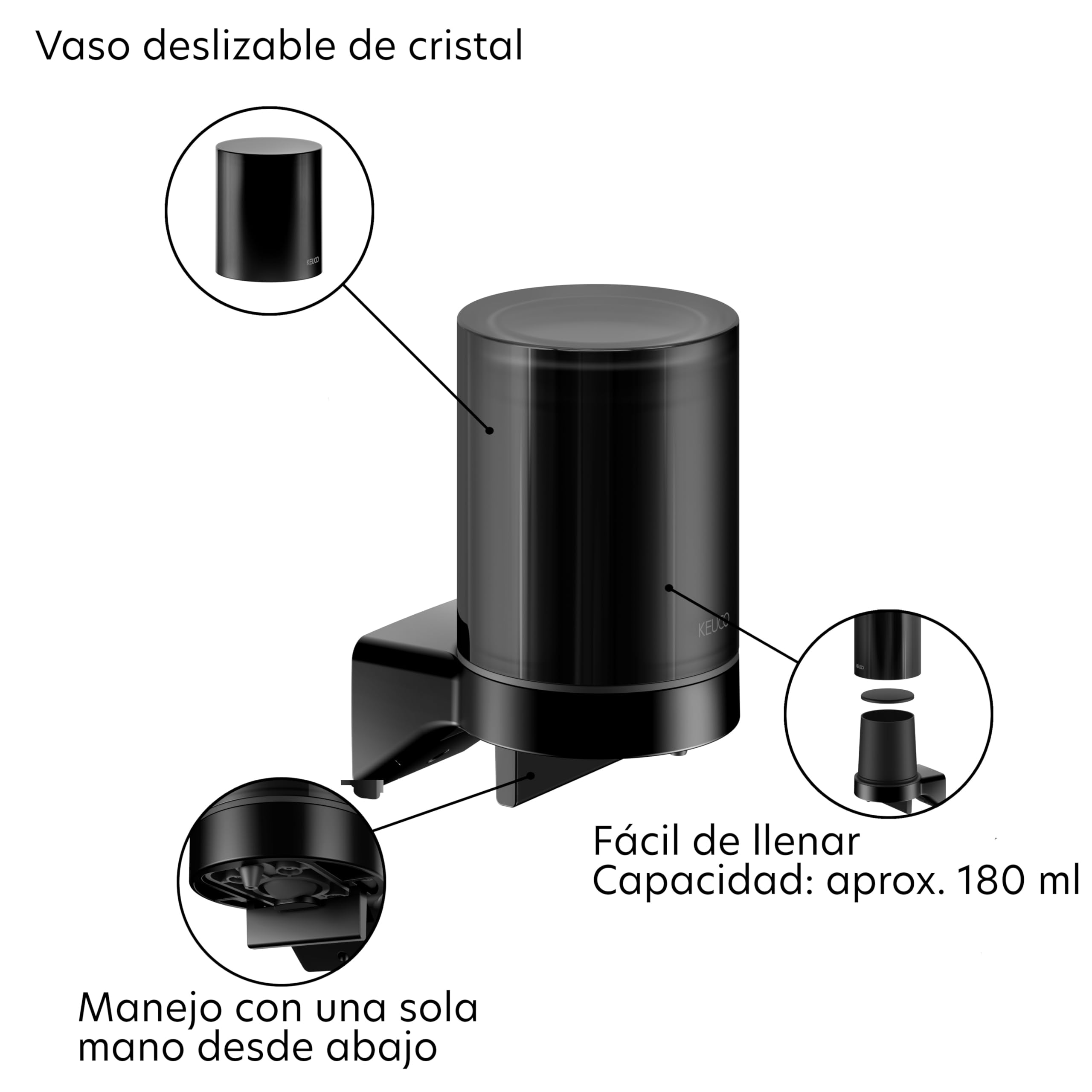 Keuco Rose Dispensador de jabón, 180 ml, sin perforar, Negro Mate | con vaso deslizable, Made in Germany, recargable, incl. kit de pegado y juego de tornillos