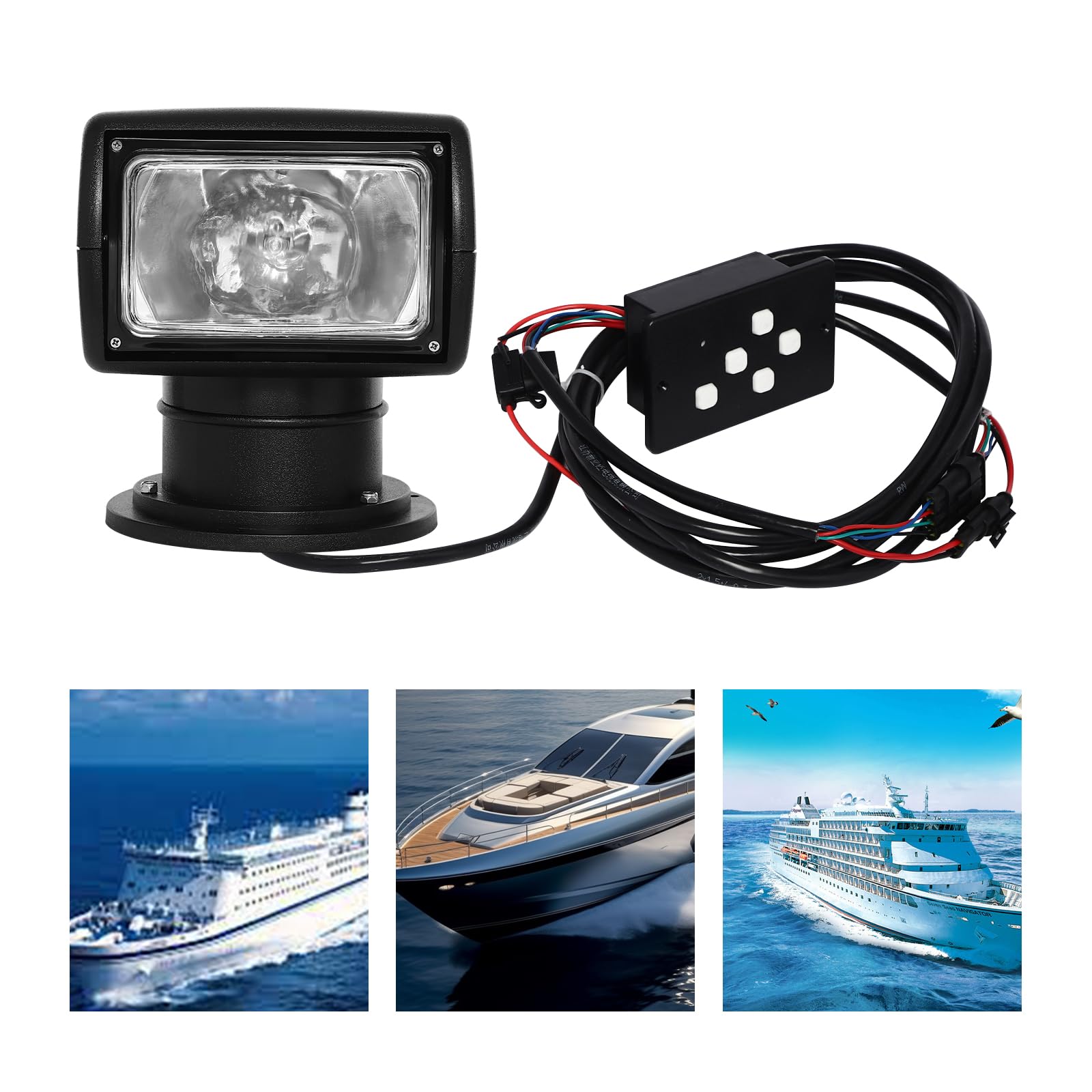 12V 100W Boot Suchscheinwerfer Boot Marine Halogenbirne Scheinwerfer 360 Grad Rotierende Fernbedienung Arbeitslicht IP66 Wasserdicht für Yachten, Küstenwache, Fischerboote (Schwarz)
