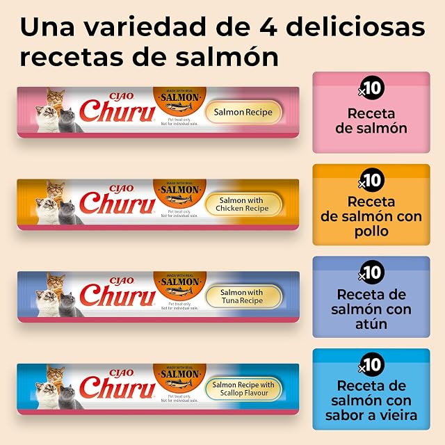 Foto 6 de 8 de INABA Churu Salmon Variety Pack, Golosinas para Gatos con Puré Suave para Dar a Mano, Recetas de Salmón, Atún