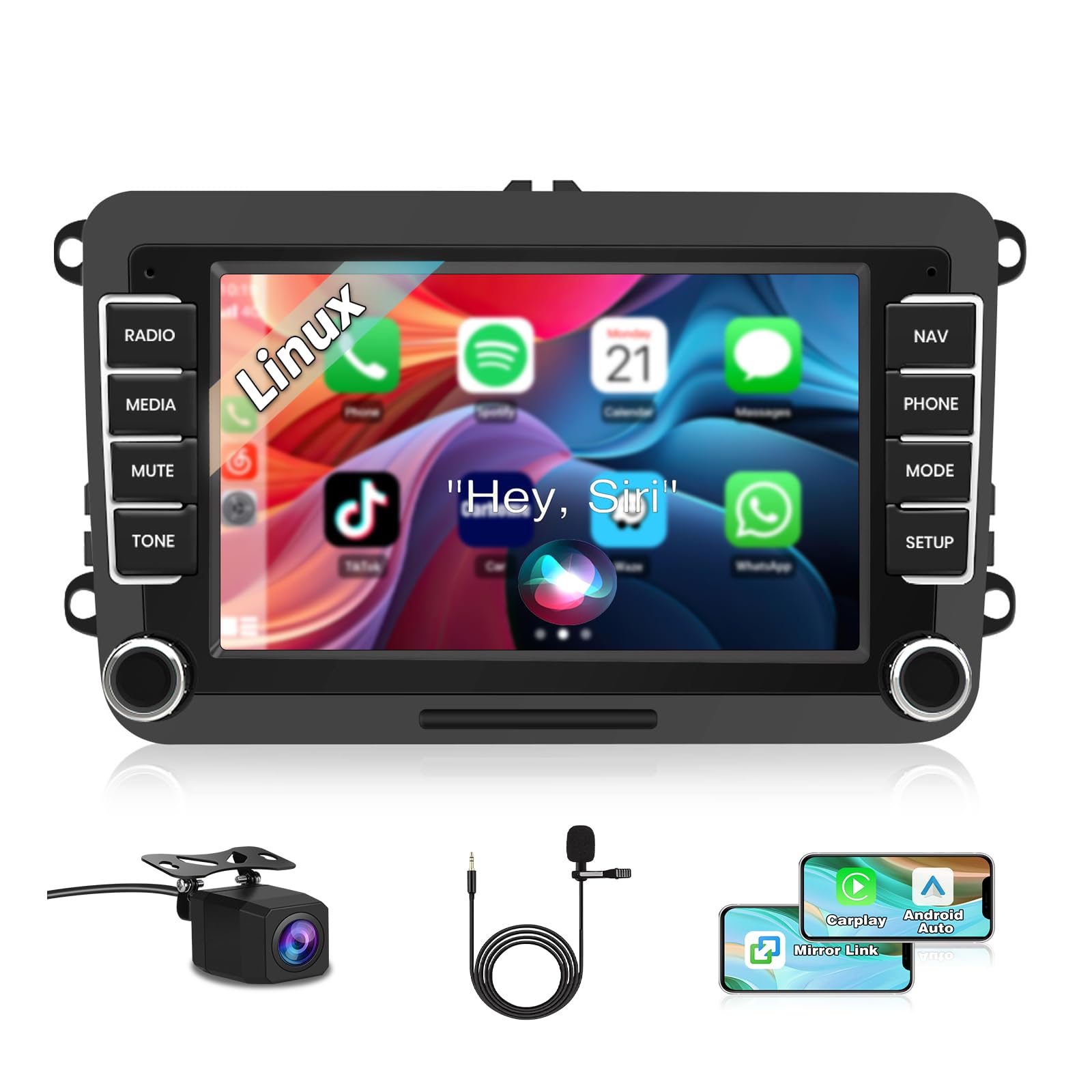 [3s Démarrage] Junsun Autoradio 7" Carplay pour VW Golf 5 6 Polo, CarPlay & Android Auto sans Fil, Bluetooth, FM Radio, DSP, 4x45W, Caméra Recul Dyn.