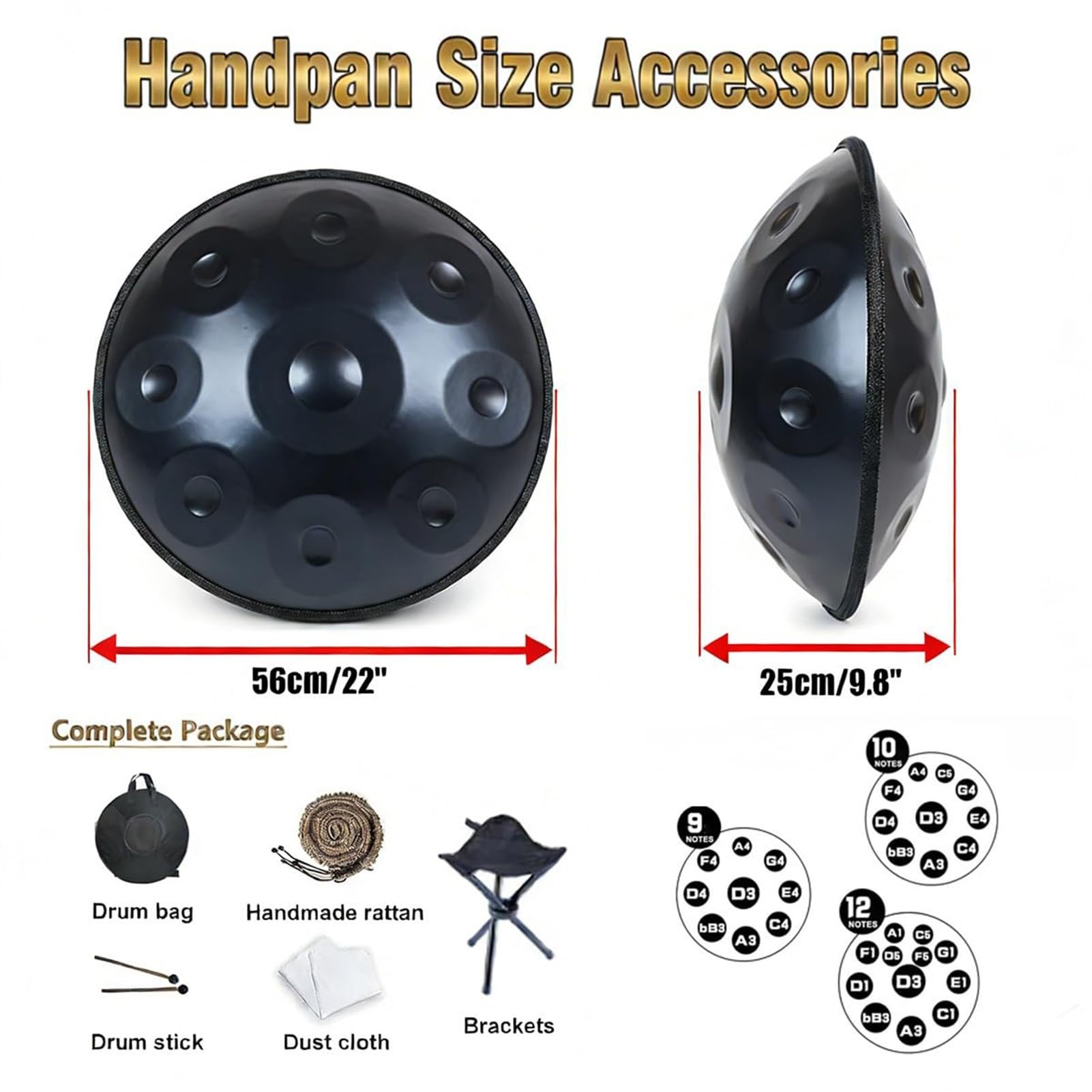 Strumento A Tamburo Handpan 432Hz/440Hz, Tamburo In Acciaio Handpan Da 22 Pollici In Re Minore– Handpan Per Adulti, Set Di Strumenti A Percussione Per La Meditazione(F,440HZ/9Note)