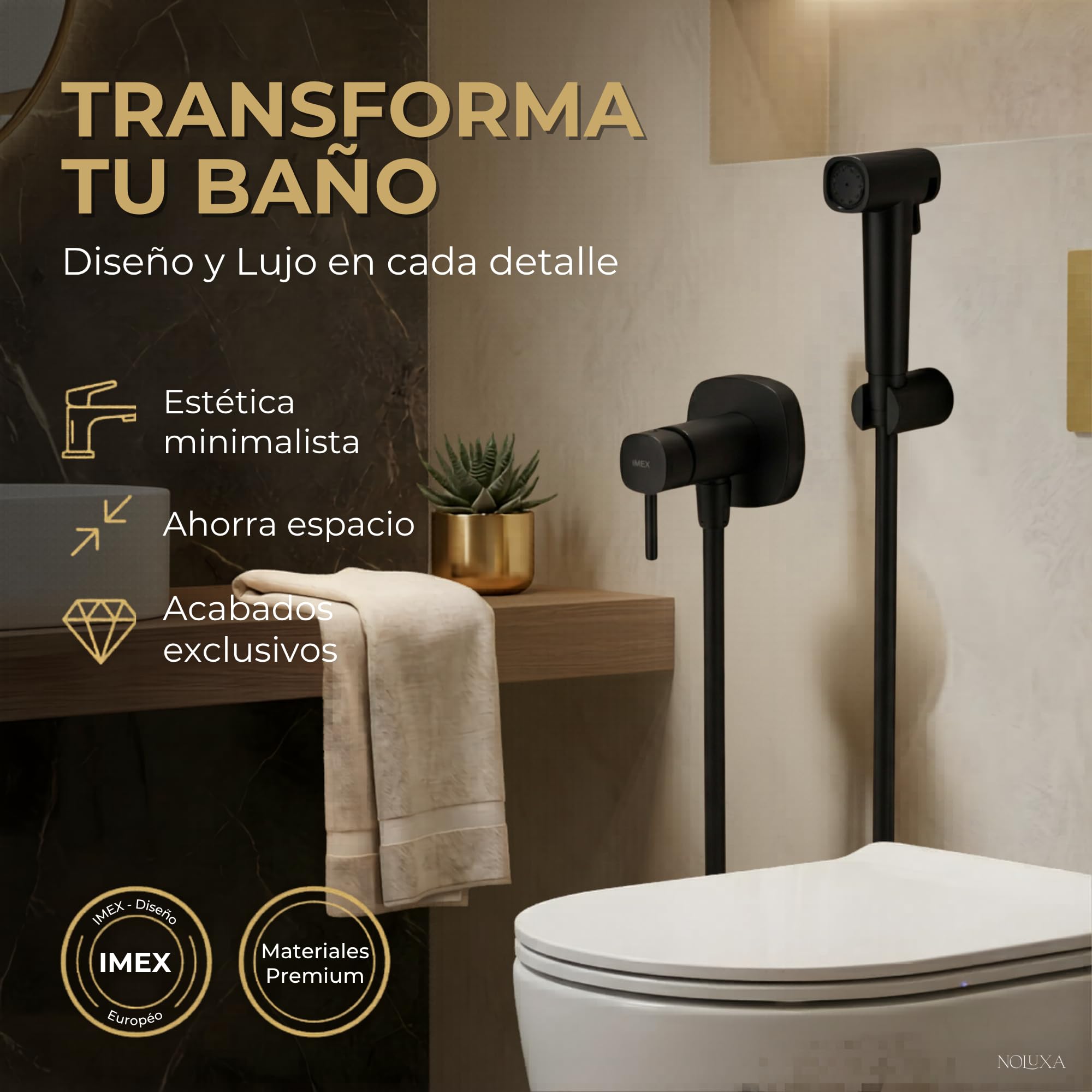 IMEX - Ducha Bidet Agua Fría y Caliente Color Negro Mate | Grifo Bidet Empotrado para WC | Ducha Higiénica Monomando para Inodoro | Grifería Sustituto de Bidé | Serie Toscana