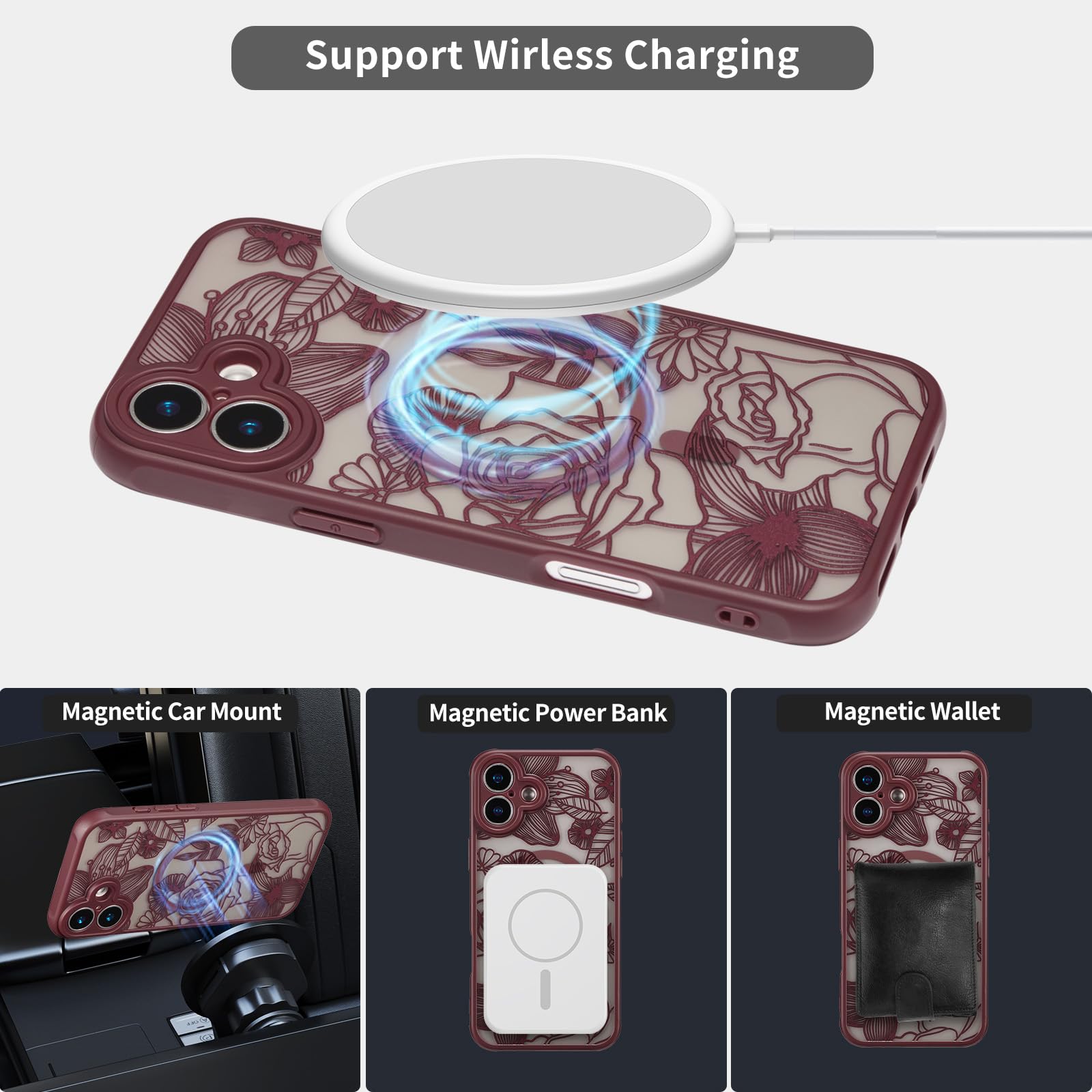 Coque IPhone 15 Magnétique Compatible MagSafe - Motif Rose Mat Translucide, Protection TPU Souple
