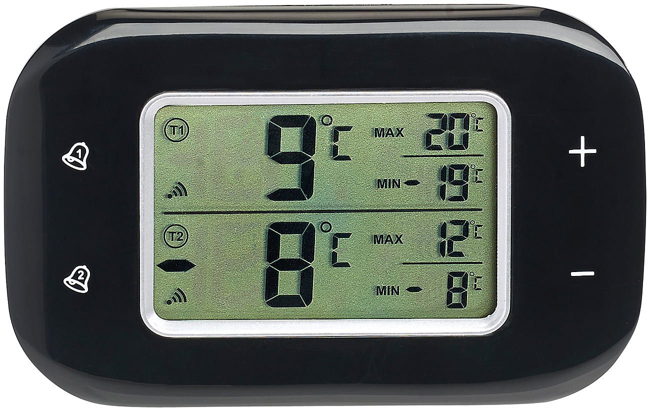 Rosenstein & Söhne Kühlschrank Alarm: Digitales Kühl- & Gefrierschrank-Thermometer, 2 Funk-Sensoren, schwarz (Kühlschrankthermometer Funk, Thermometer für Kühlschrank, Kfz)